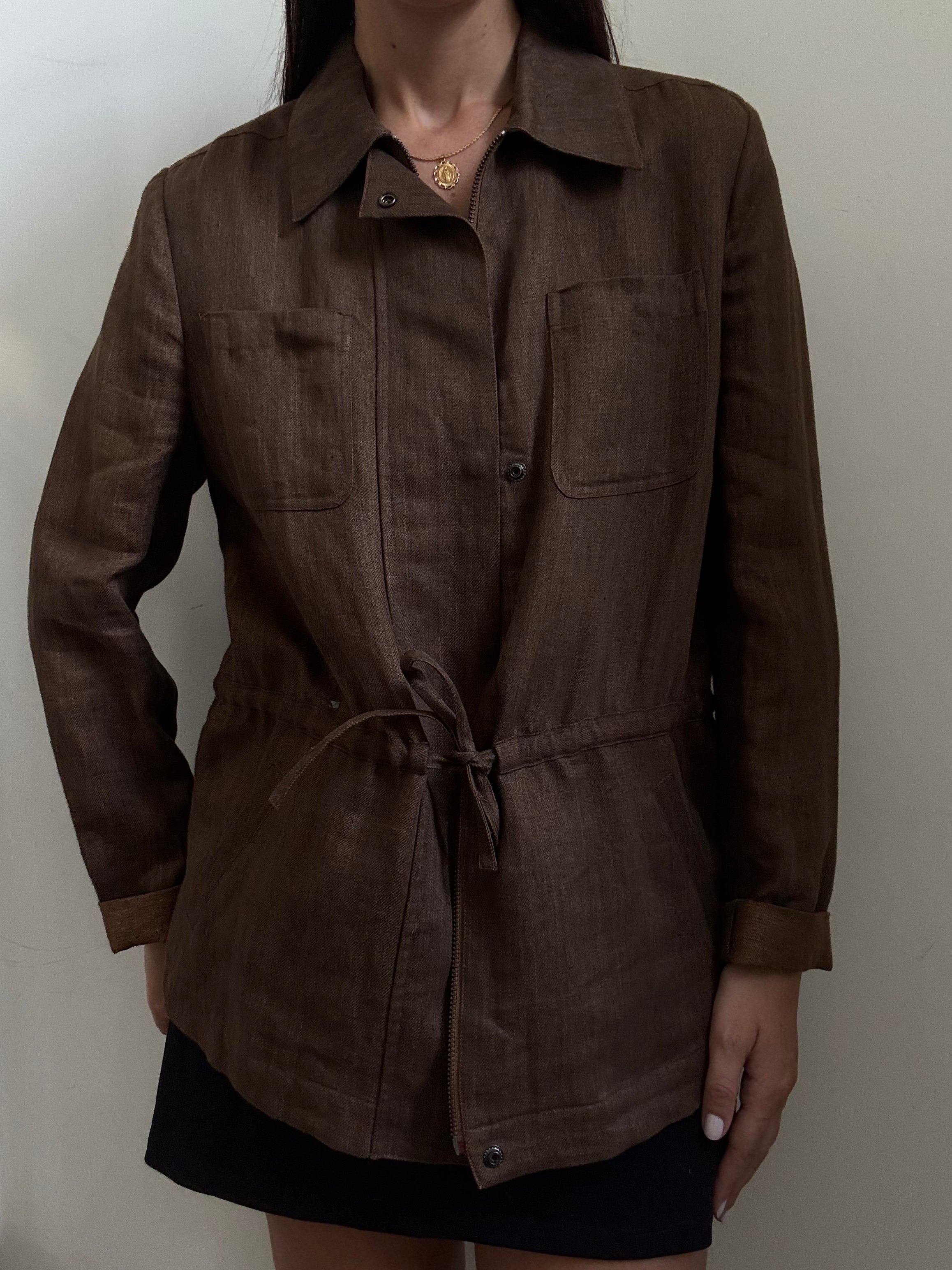 Vintage Brown Linen Cinched Jacket Size Medium