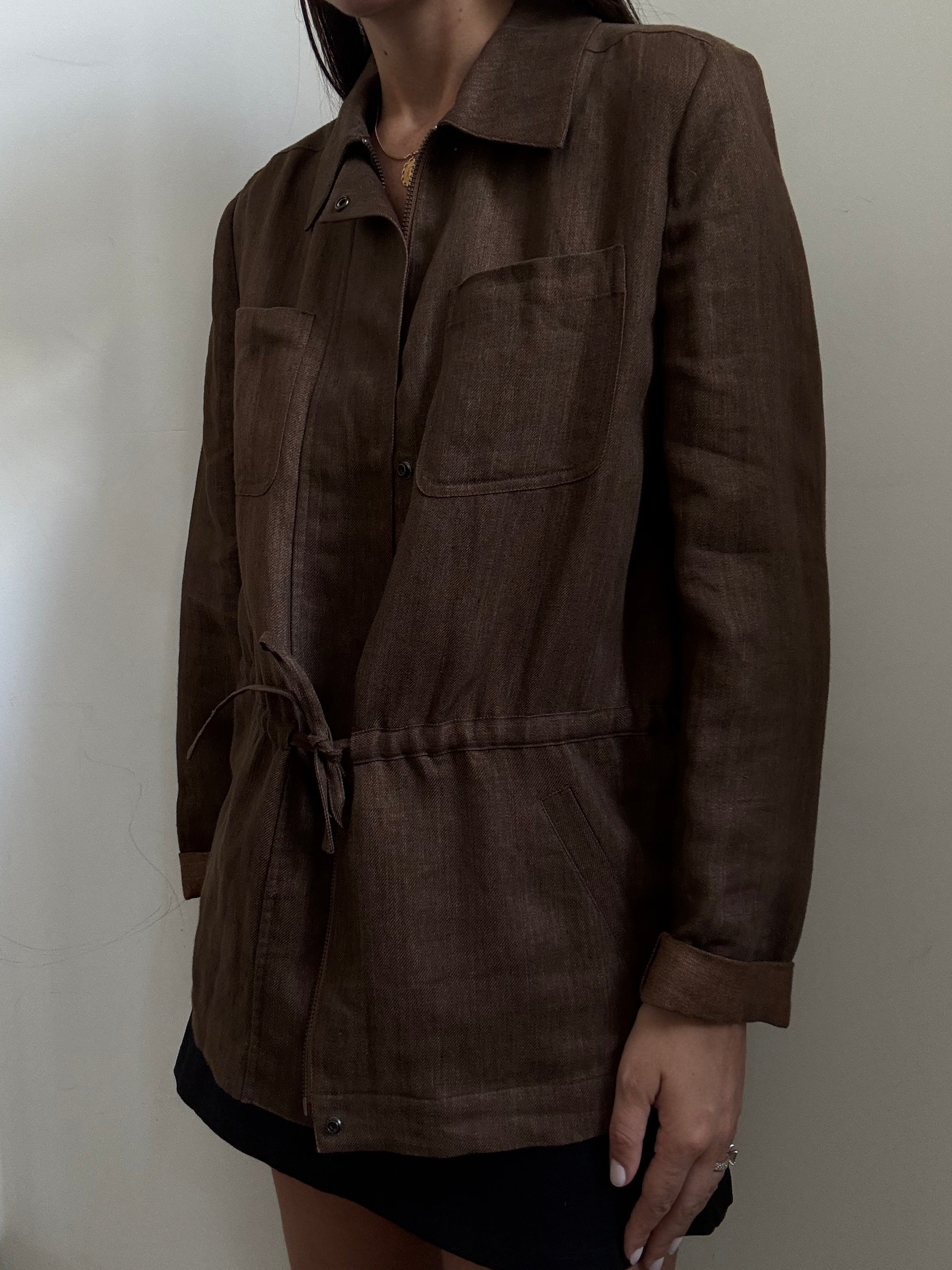 Vintage Brown Linen Cinched Jacket Size Medium