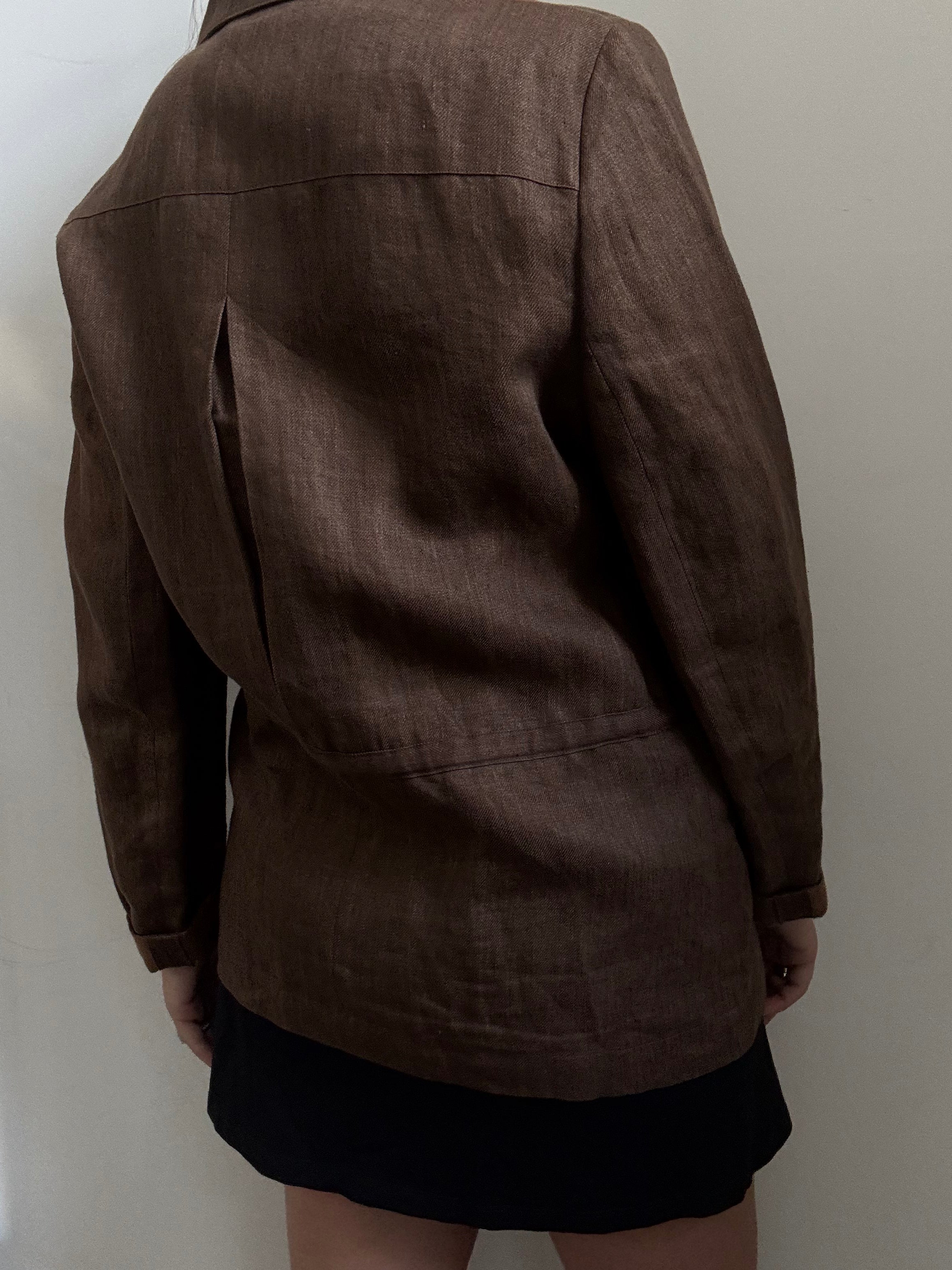 Vintage Brown Linen Cinched Jacket Size Medium