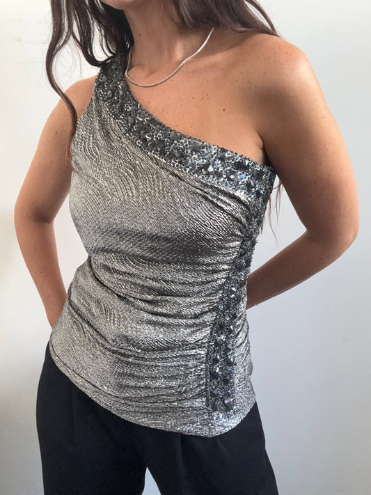 Vintage Metallic One-Shoulder Caché Top Size Small