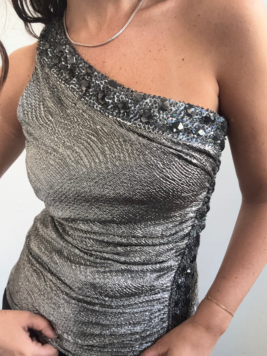 Vintage Metallic One-Shoulder Caché Top Size Small