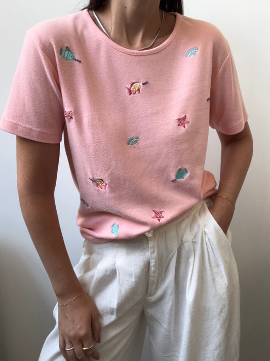Vintage Baby Pink Top + Embroidered Sea Motifs Size Medium