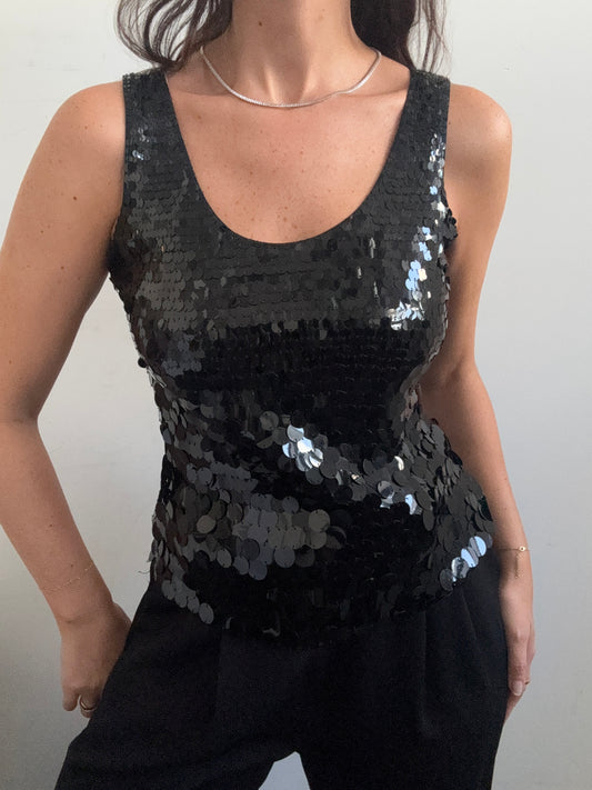 Vintage Black Sequin Tank Top Size Small