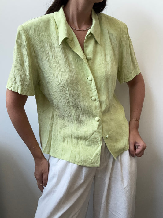 Vintage Light Green Floral Embroidered Button-Up Size Large