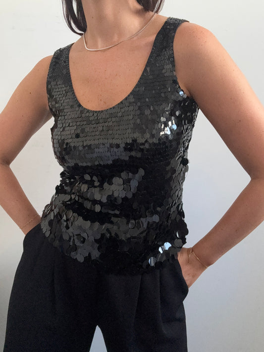Vintage Black Sequin Tank Top Size Small
