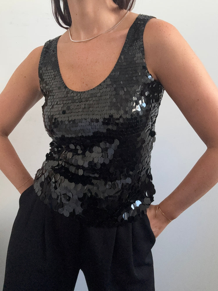 Vintage Black Sequin Tank Top Size Small