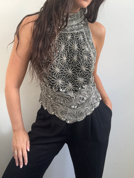 Vintage Silk Floral Beaded Halter Top Size Medium