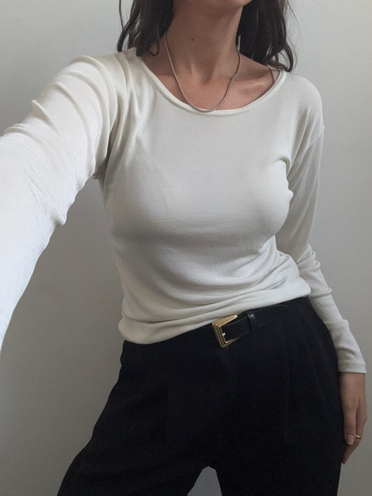 Vintage Cream Long-sleeve Crew Neck Top Size Small