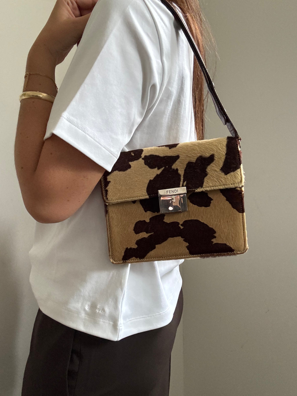 Vintage Fendi Leather Beige Calf Hair Shoulder Bag