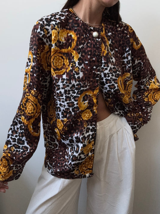 Vintage Leopard Print + Gold Scroll Detailed Blouse Size Medium