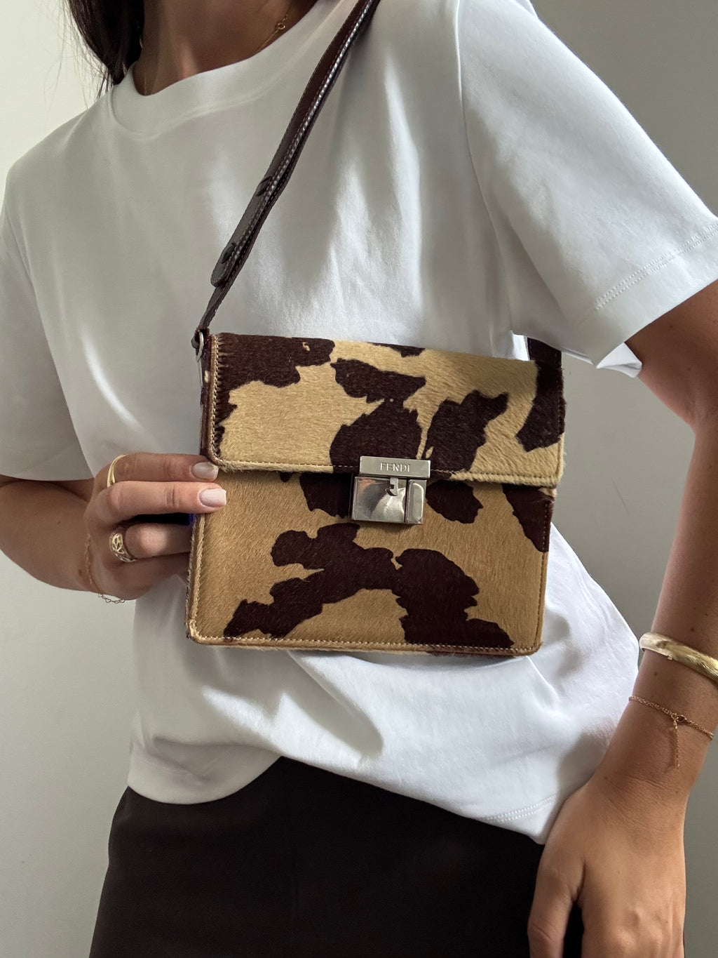 Vintage Fendi Leather Beige Calf Hair Shoulder Bag