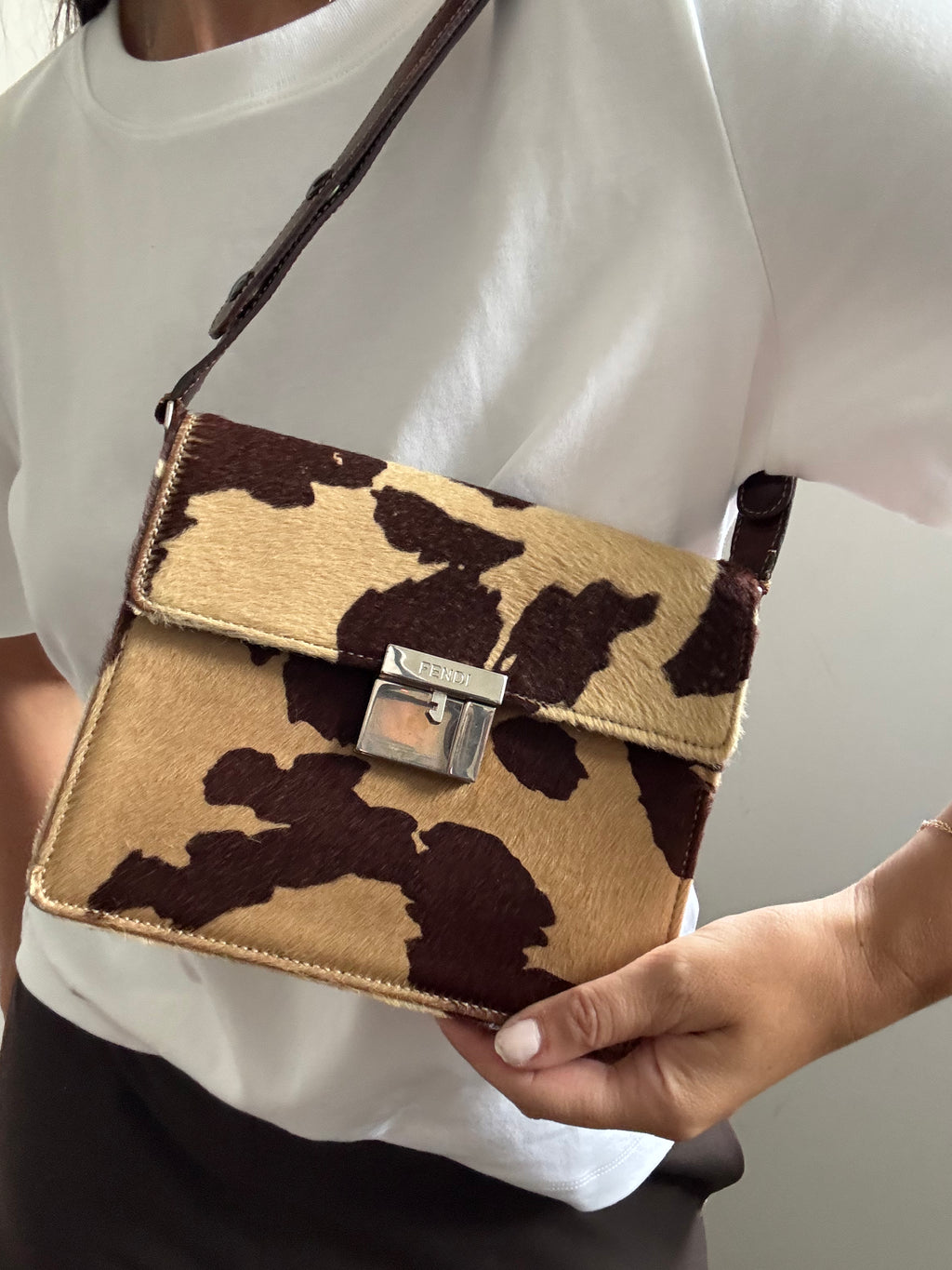 Vintage Fendi Leather Beige Calf Hair Shoulder Bag