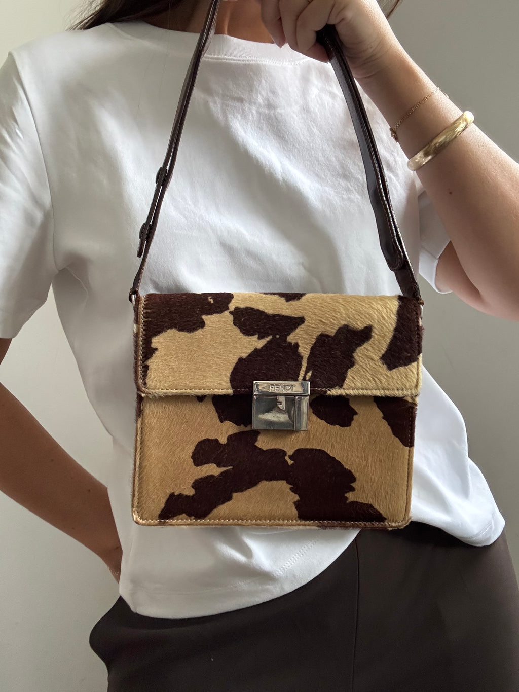 Vintage Fendi Leather Beige Calf Hair Shoulder Bag