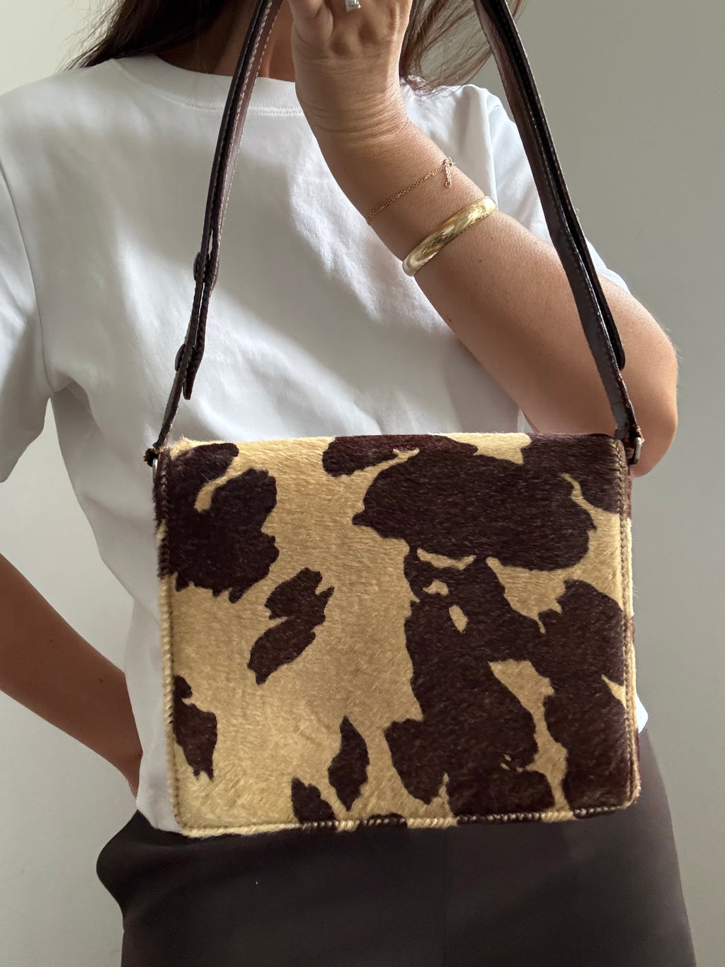 Vintage Fendi Leather Beige Calf Hair Shoulder Bag