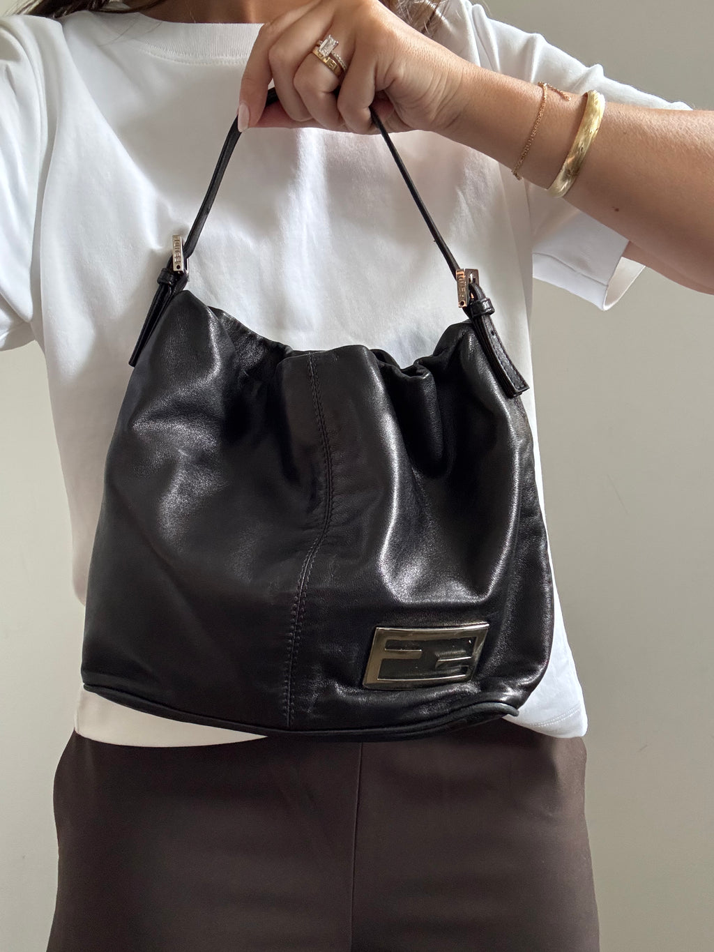 Vintage Fendi Leather Mamma Shoulder Bag in Black