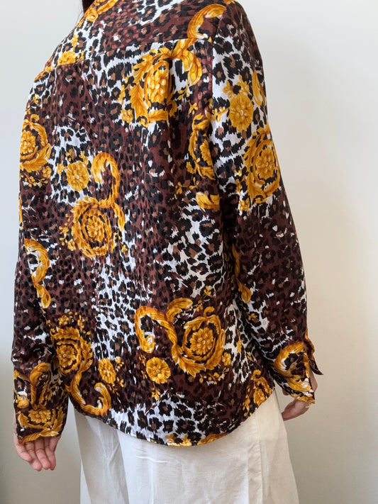 Vintage Leopard Print + Gold Scroll Detailed Blouse Size Medium