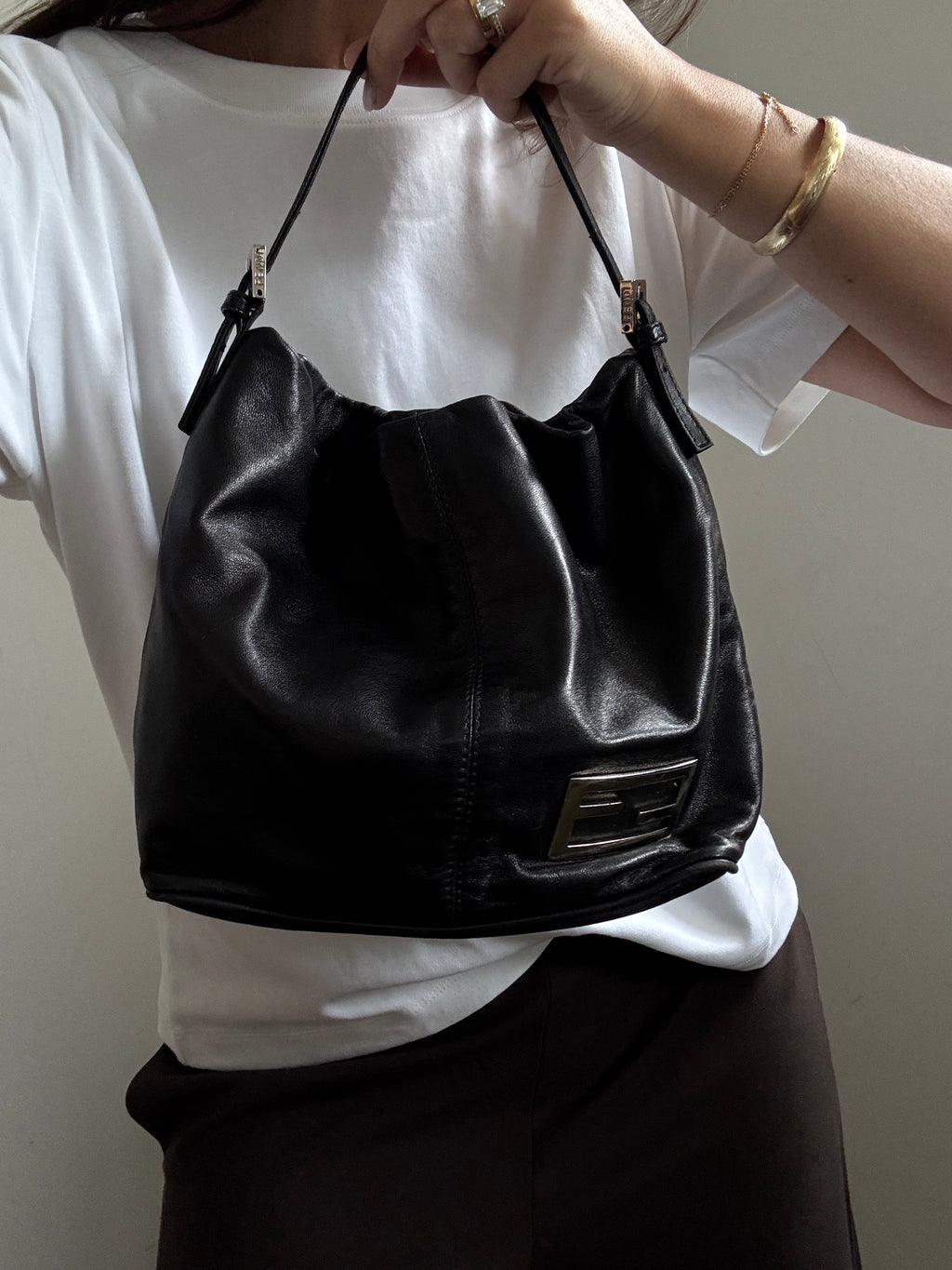 Vintage Fendi Leather Mamma Shoulder Bag in Black