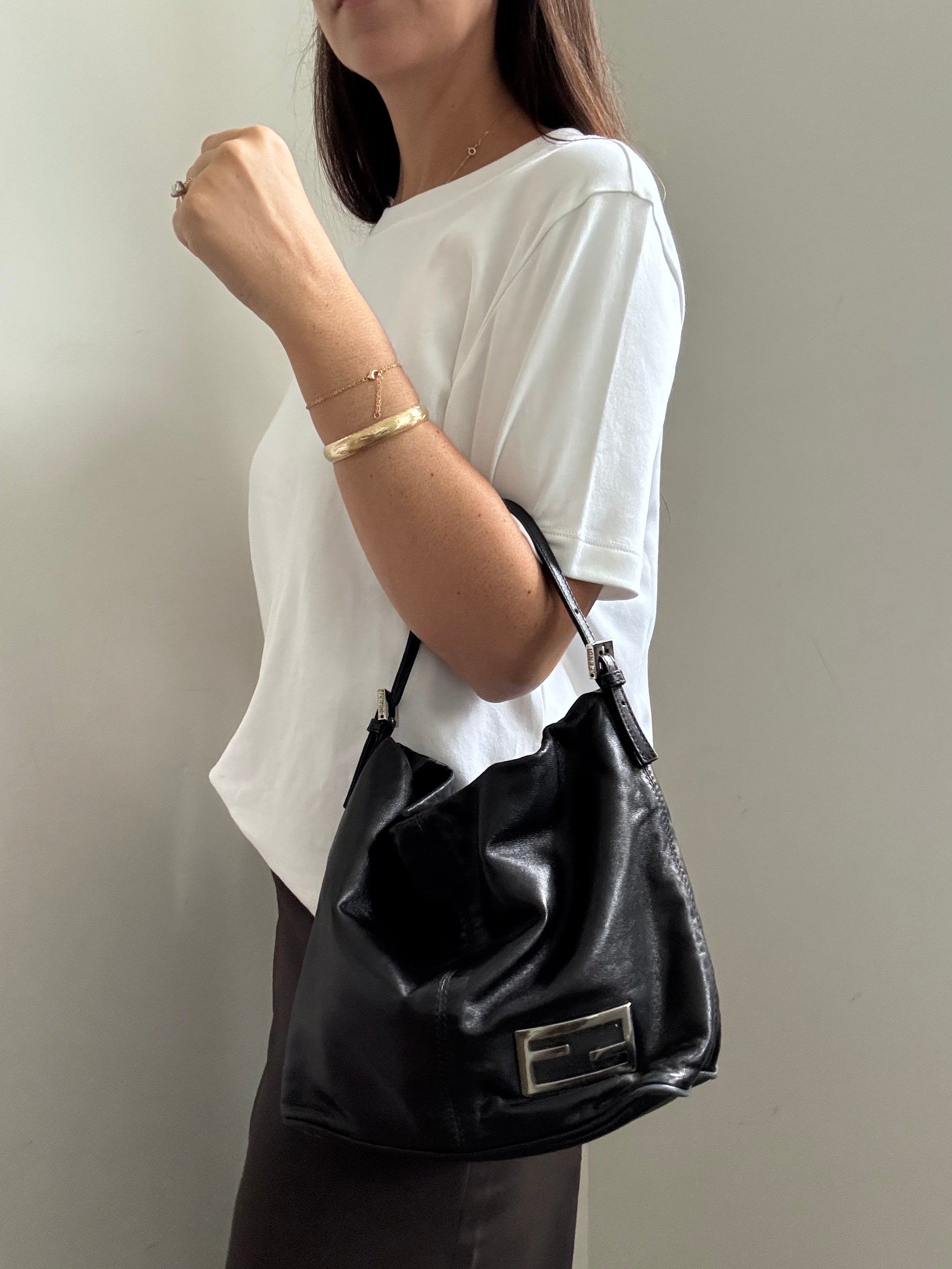 Vintage Fendi Leather Mamma Shoulder Bag in Black