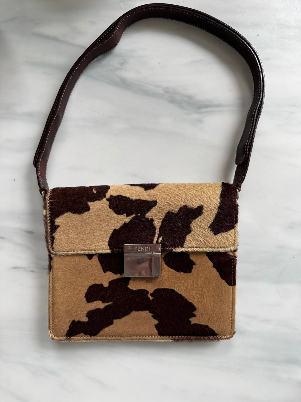 Vintage Fendi Leather Beige Calf Hair Shoulder Bag