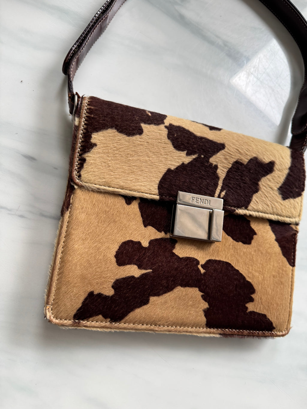Vintage Fendi Leather Beige Calf Hair Shoulder Bag