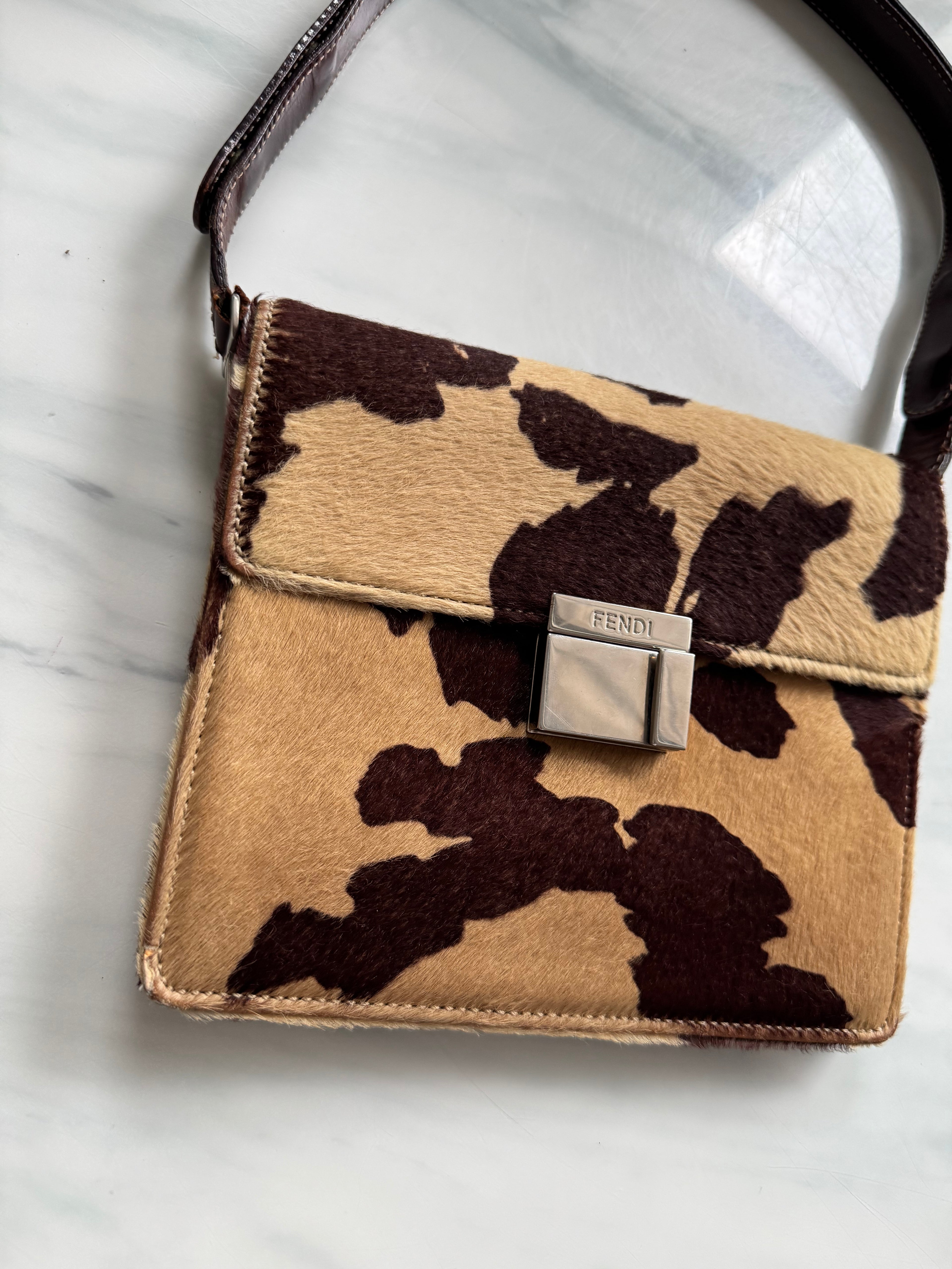 Vintage Fendi Leather Beige Calf Hair Shoulder Bag