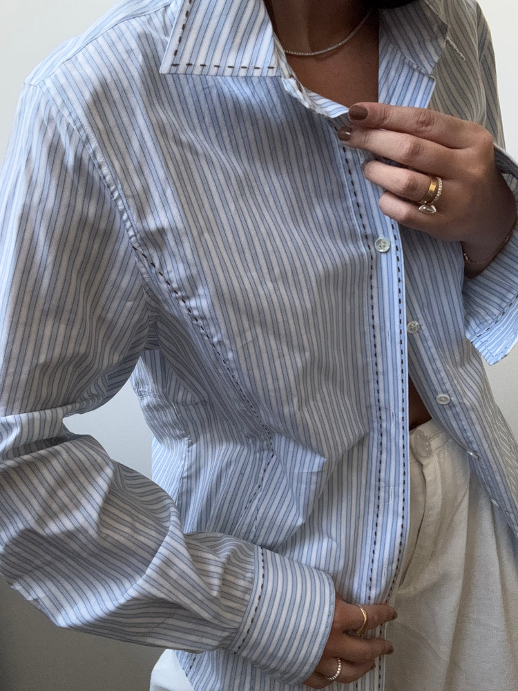 Vintage Pinstripe Button-Up + Brown Contrast Stitching Size Large