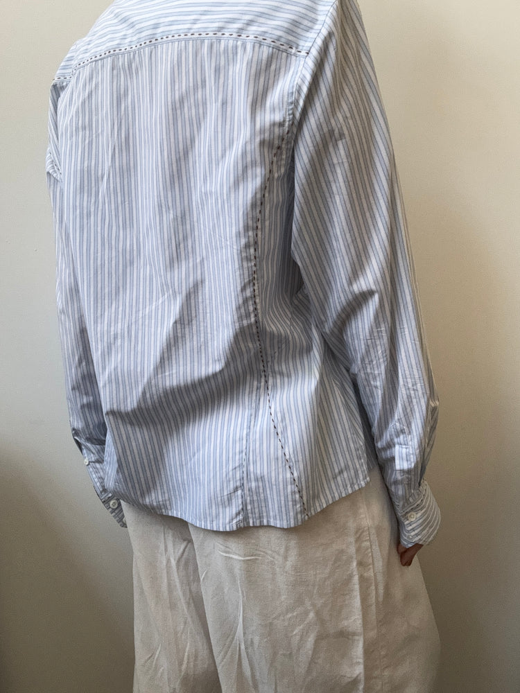 Vintage Pinstripe Button-Up + Brown Contrast Stitching Size Large