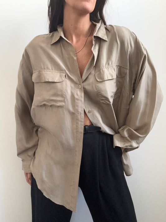Vintage Silk Taupe Button-Up Size Large