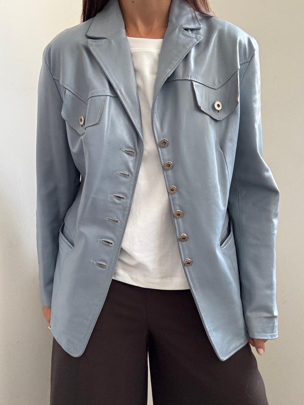 Vintage Italian Baby Blue Buttoned Leather Jacket Size Medium