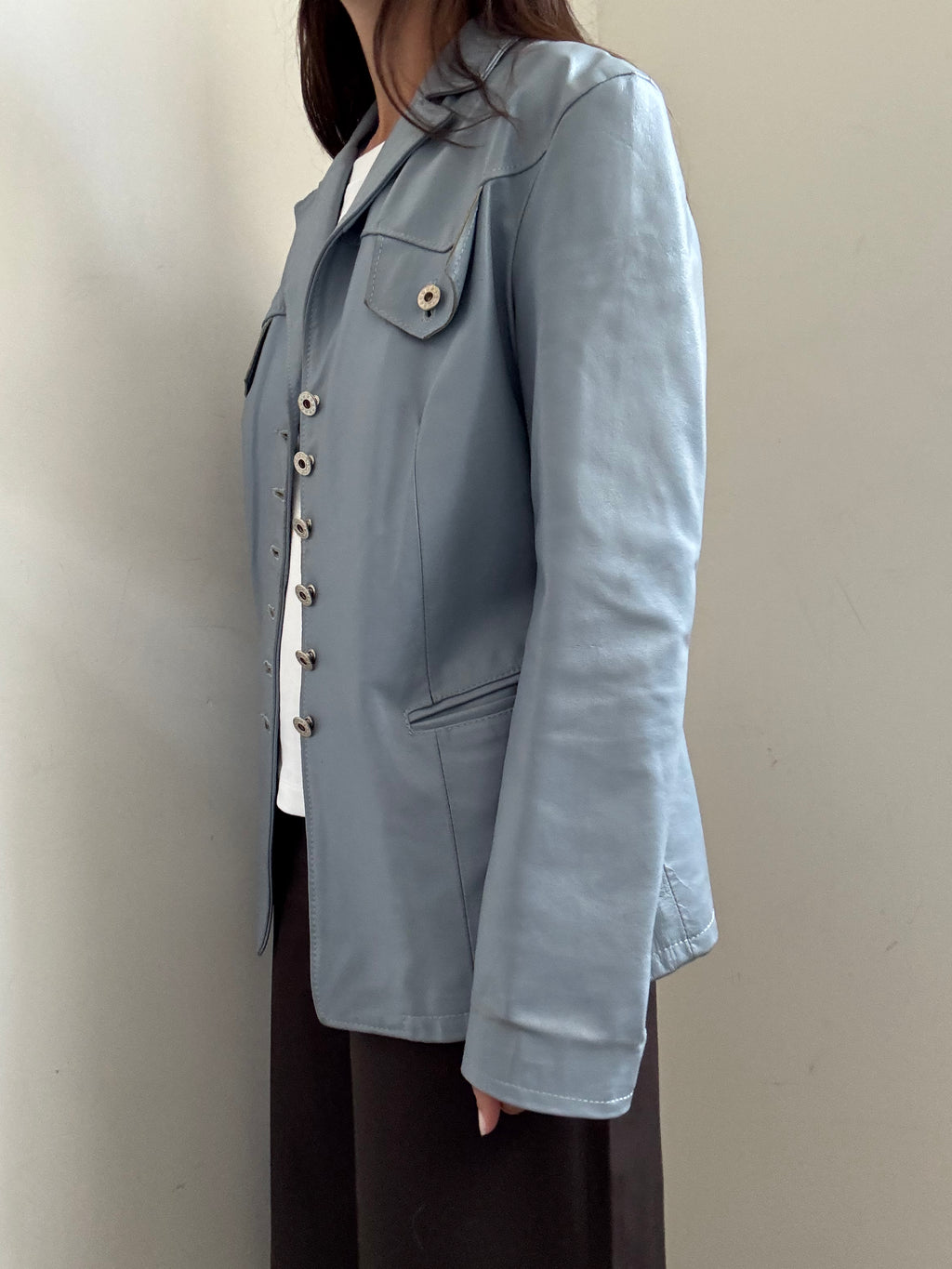 Vintage Italian Baby Blue Buttoned Leather Jacket Size Medium