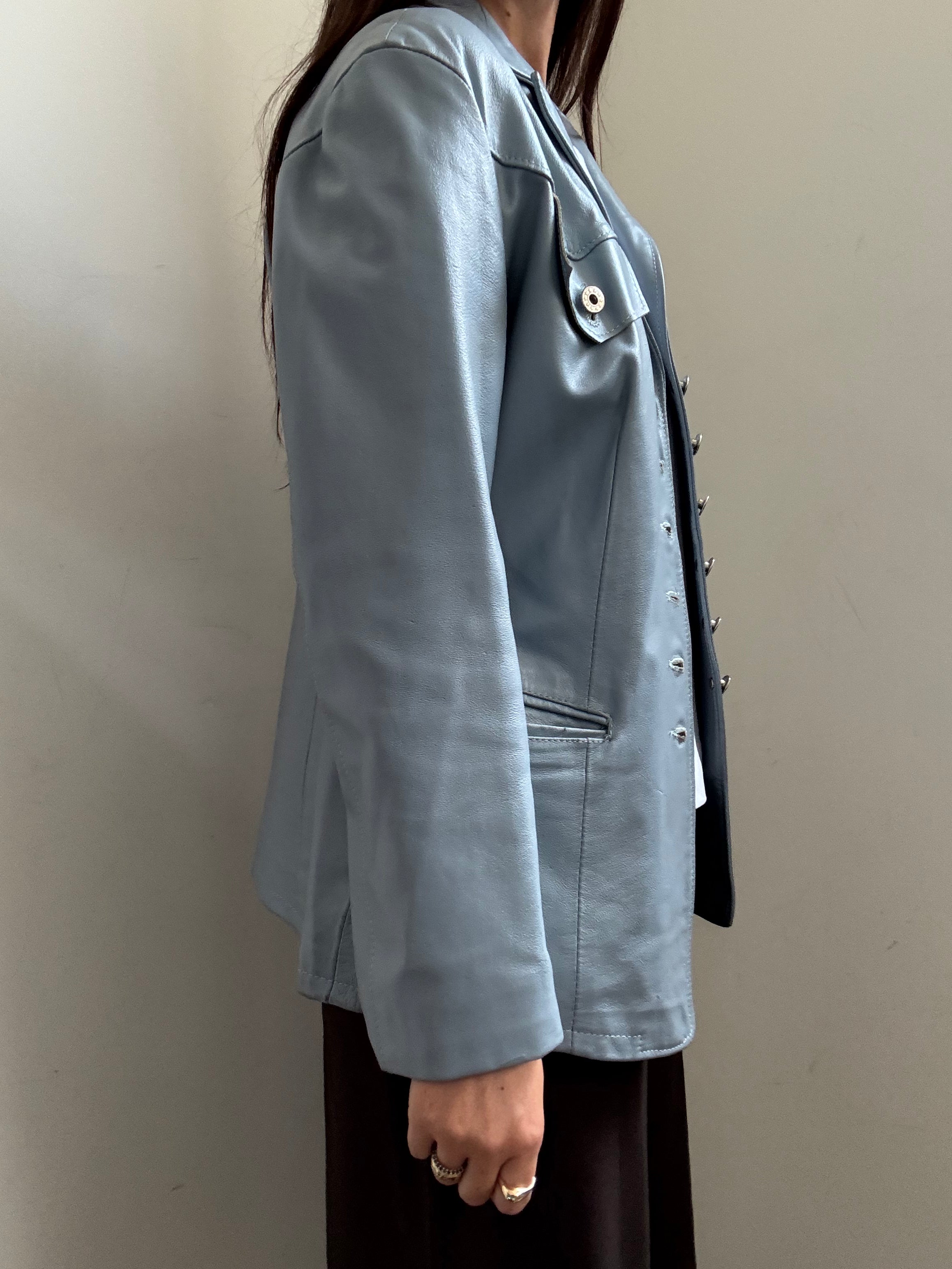 Vintage Italian Baby Blue Buttoned Leather Jacket Size Medium