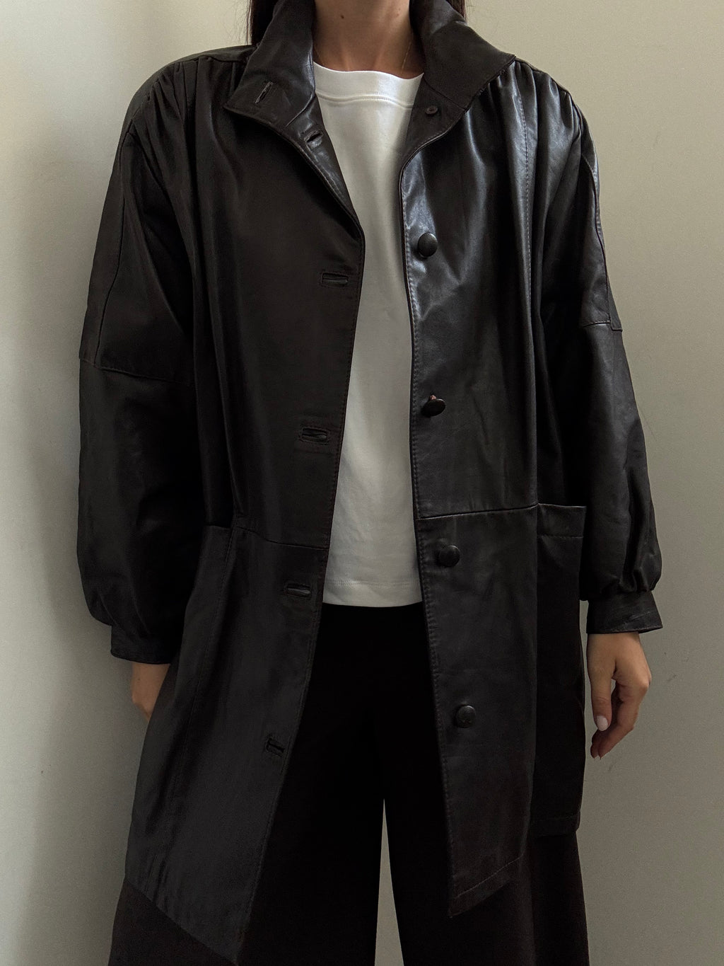 Vintage Chocolate Brown High Neck Buttoned Leather Jacket Size XL