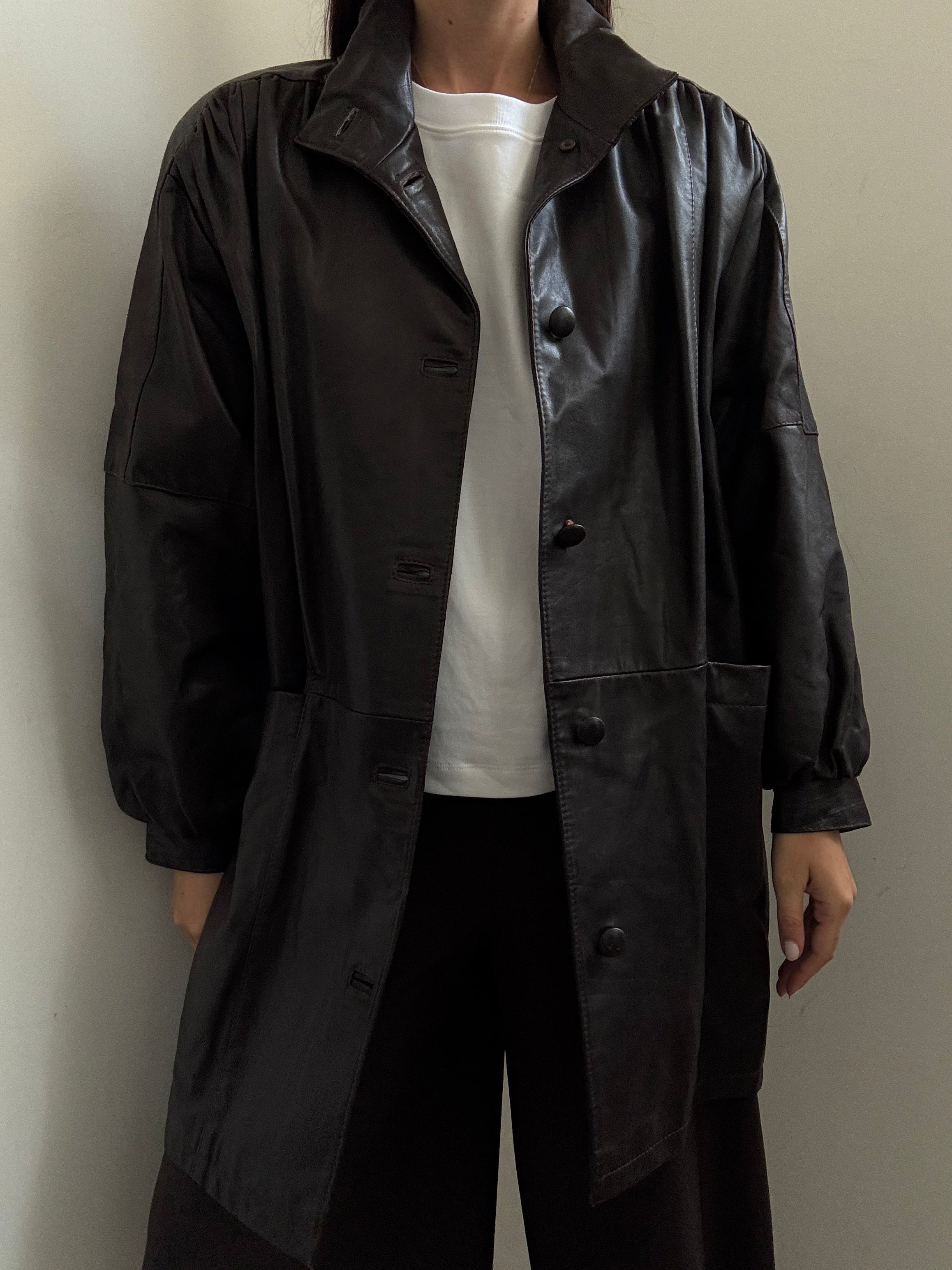 Vintage Chocolate Brown High Neck Buttoned Leather Jacket Size XL