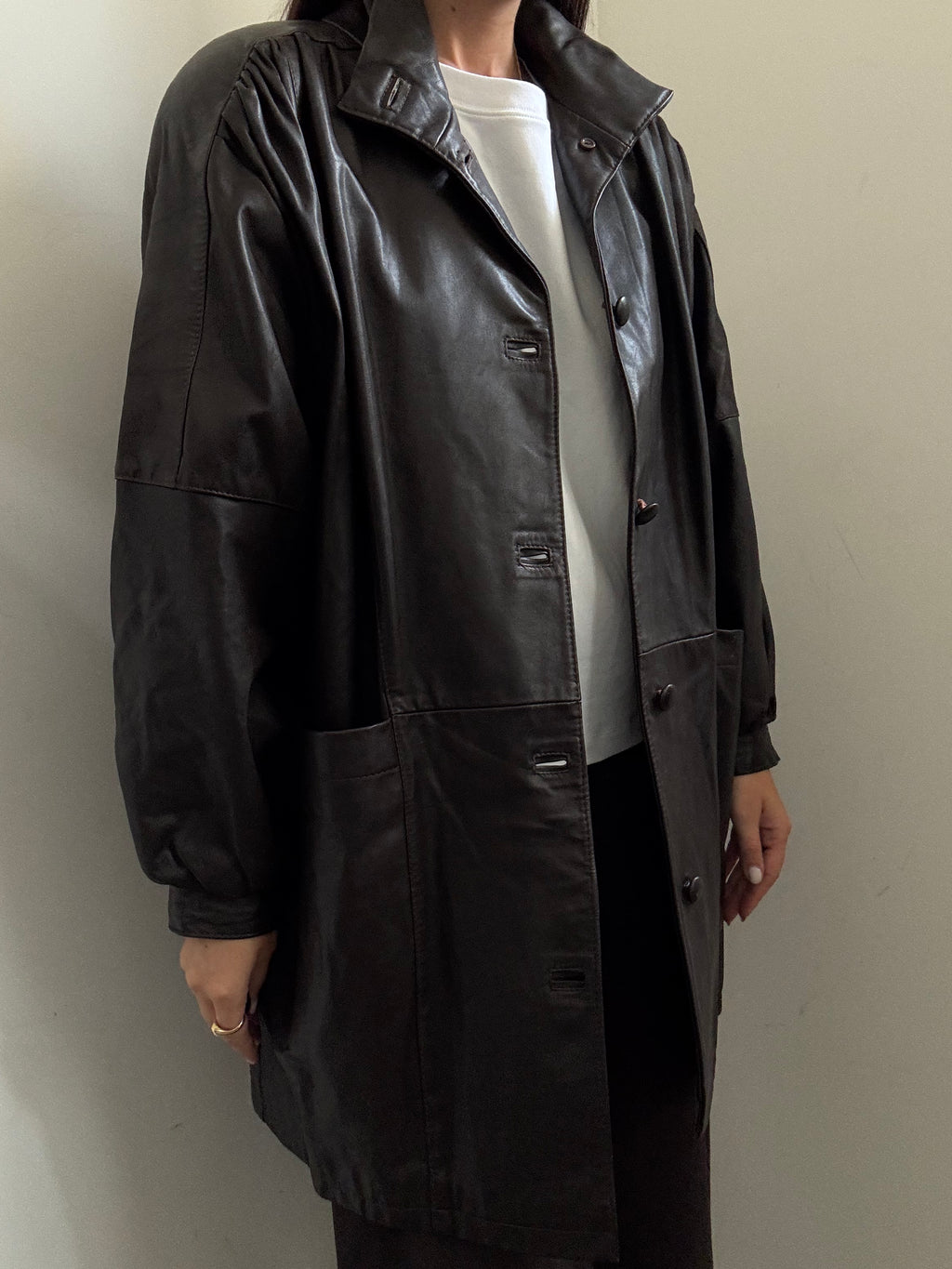 Vintage Chocolate Brown High Neck Buttoned Leather Jacket Size XL