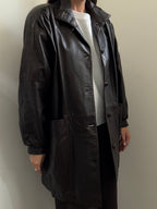 Vintage Chocolate Brown High Neck Buttoned Leather Jacket Size XL