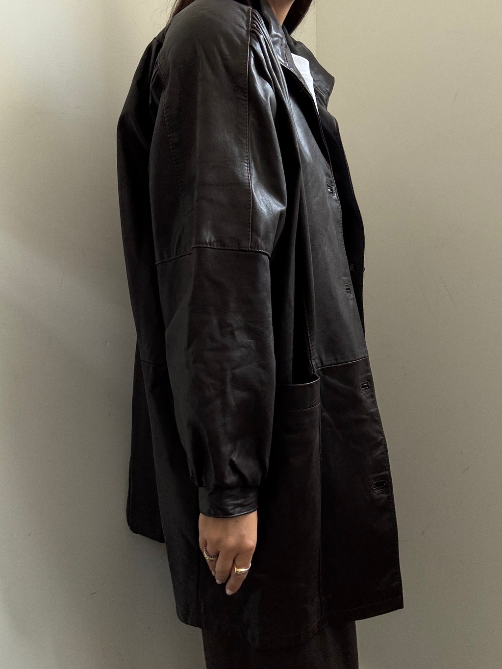 Vintage Chocolate Brown High Neck Buttoned Leather Jacket Size XL