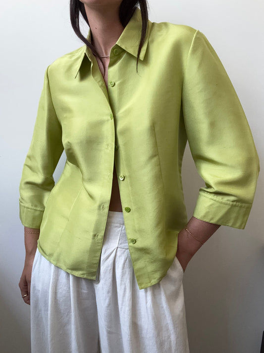Vintage Silk Green 3/4 Sleeve Button-Up Size Medium