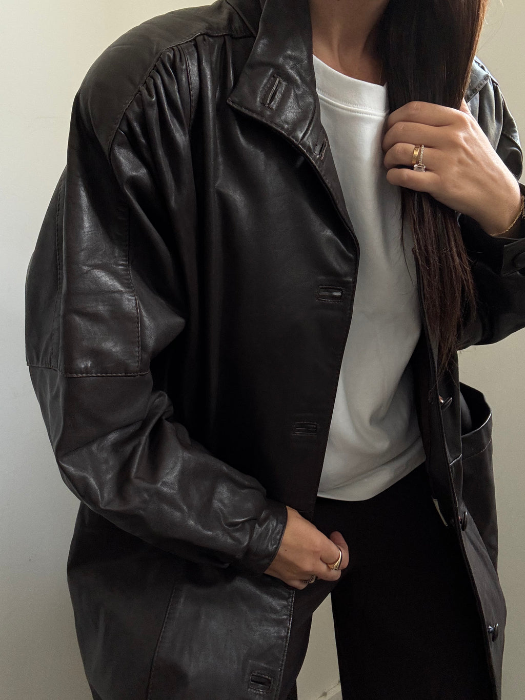 Vintage Chocolate Brown High Neck Buttoned Leather Jacket Size XL