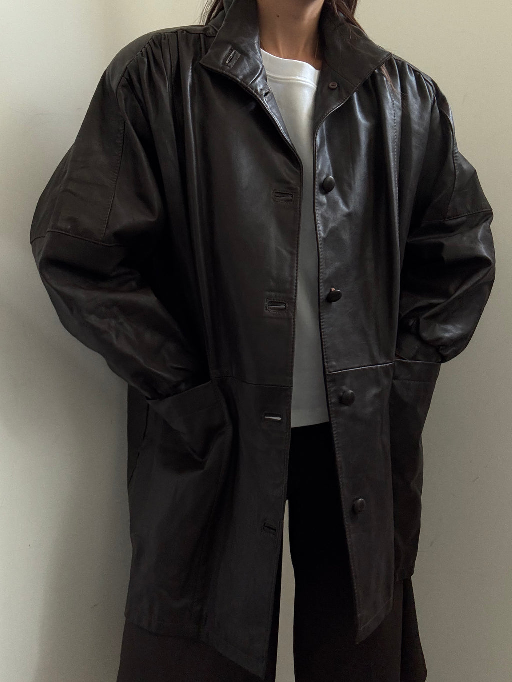 Vintage Chocolate Brown High Neck Buttoned Leather Jacket Size XL