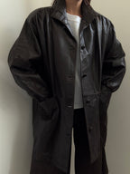 Vintage Chocolate Brown High Neck Buttoned Leather Jacket Size XL
