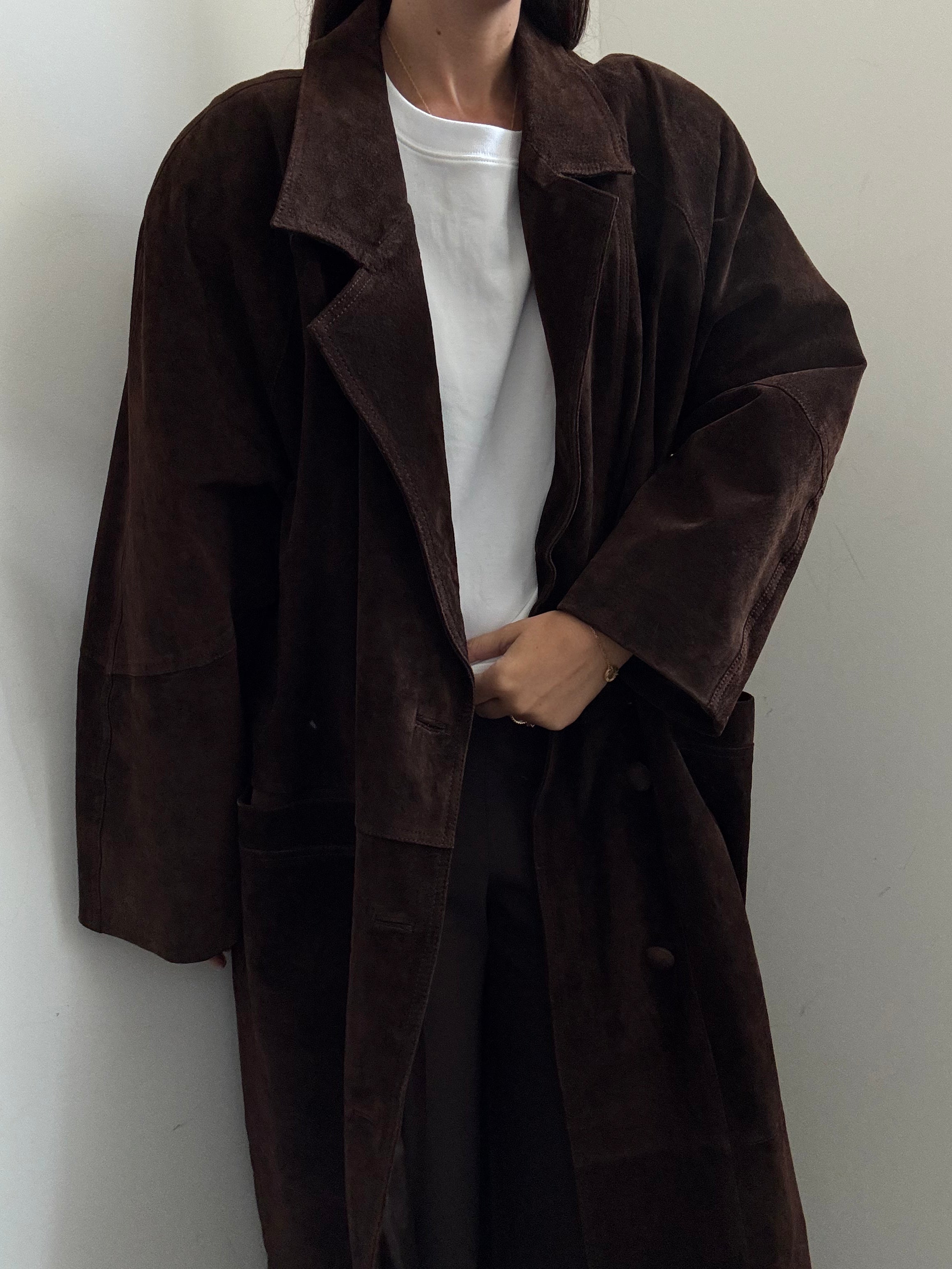 Vintage Brown Suede Buttoned Trench Coat Size XL