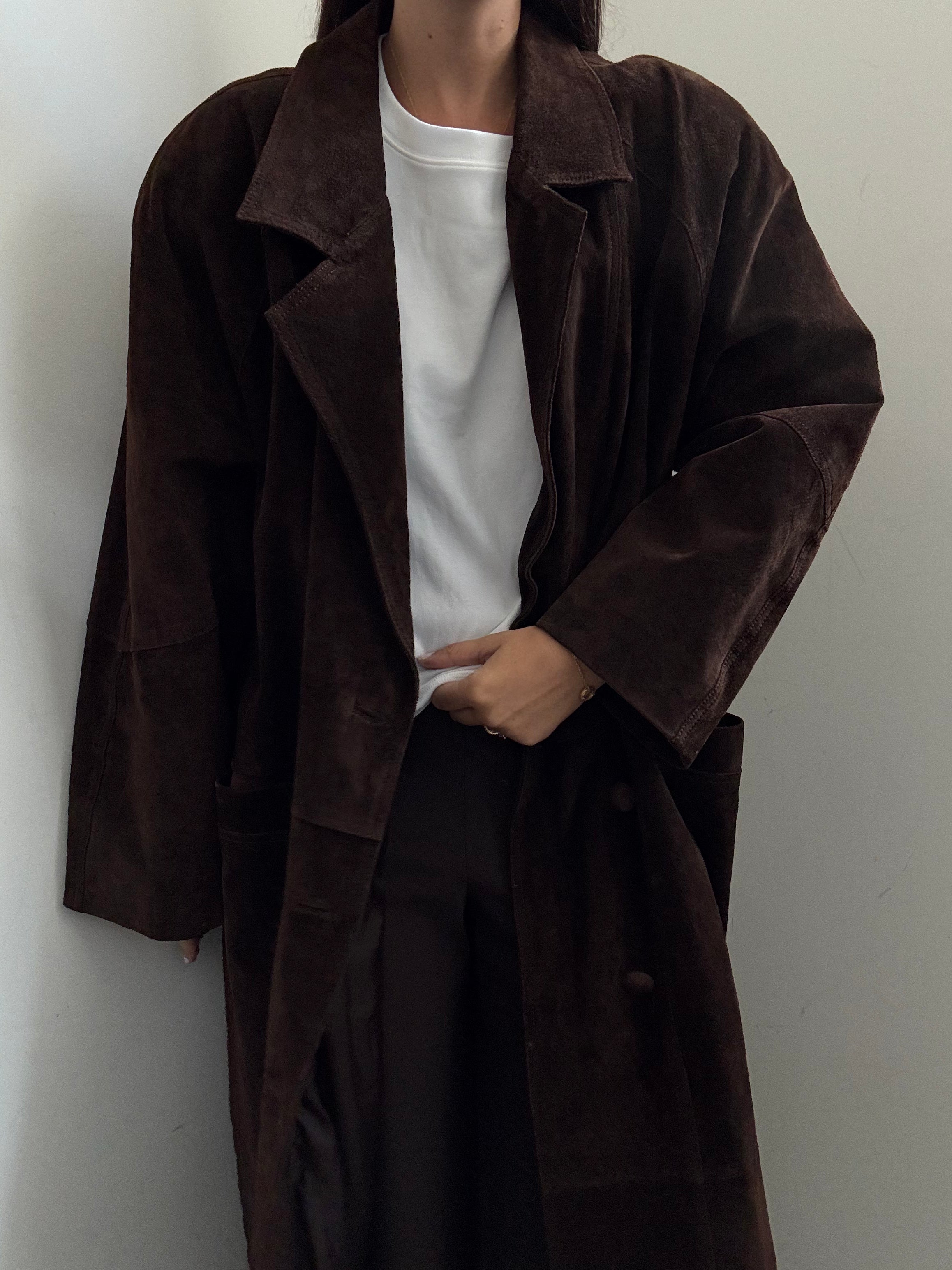 Vintage Brown Suede Buttoned Trench Coat Size XL