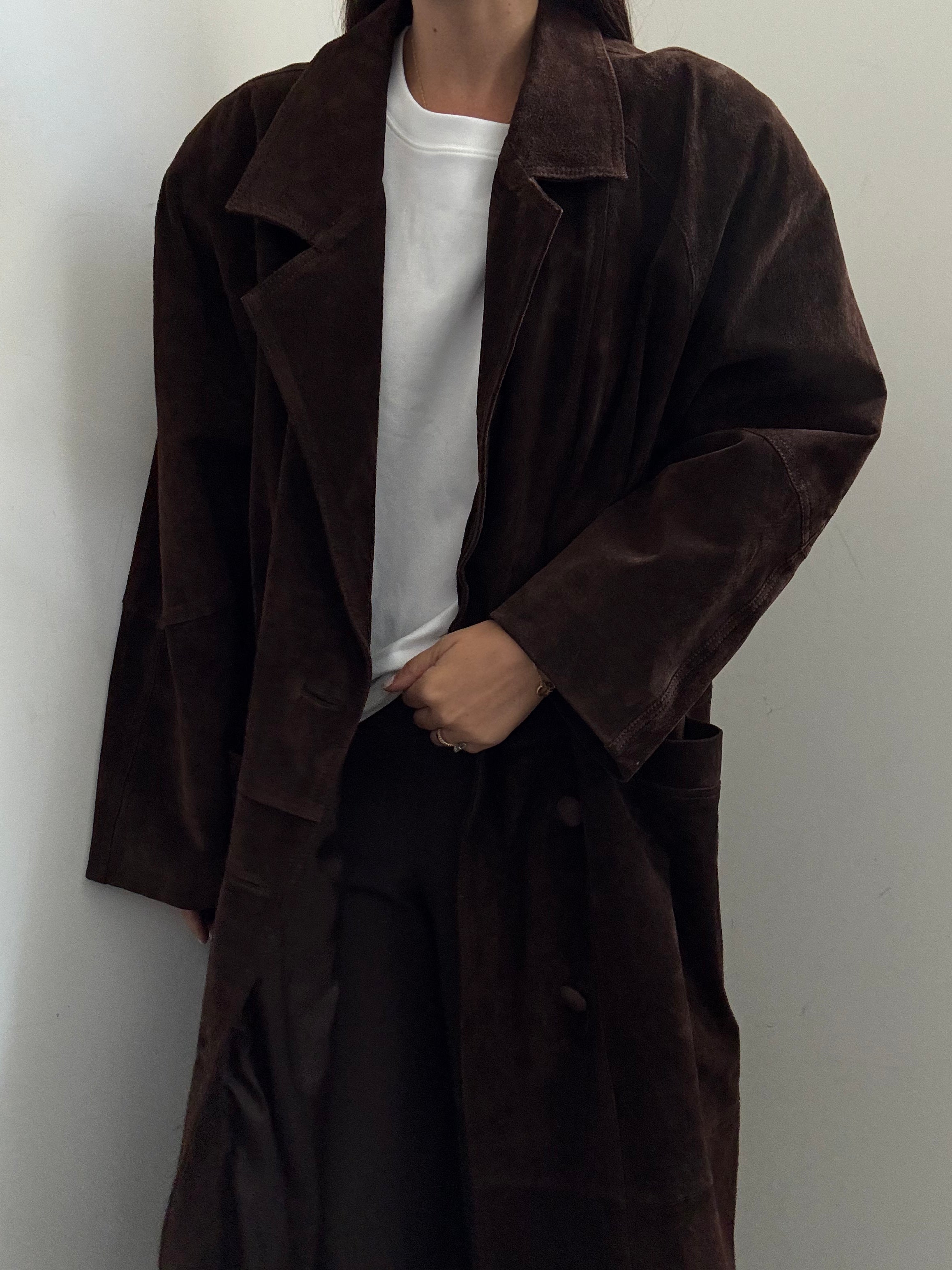 Vintage Brown Suede Buttoned Trench Coat Size XL
