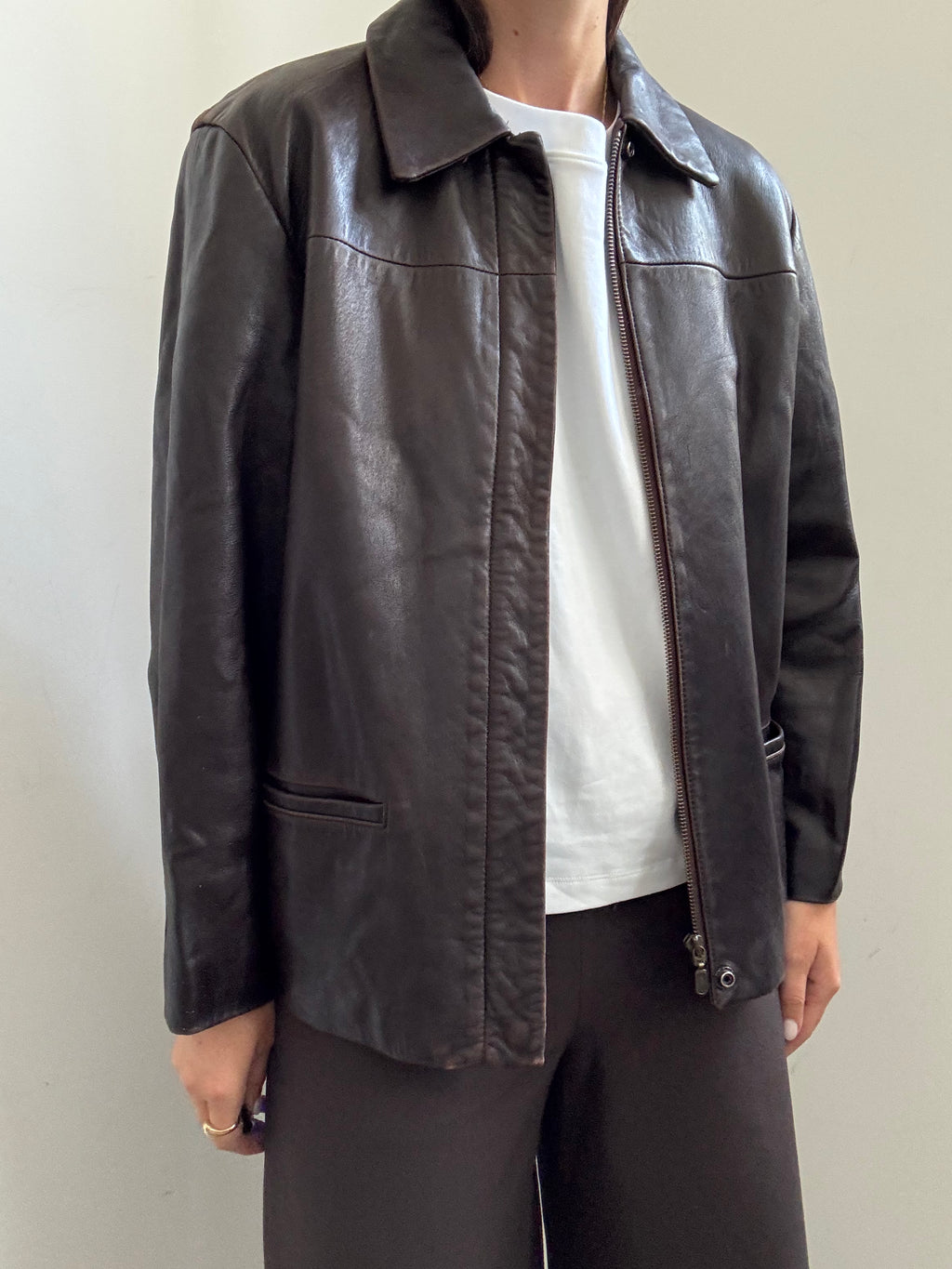 Vintage Brooks Brothers Chocolate Brown Zipped Leather Jacket Size Medium