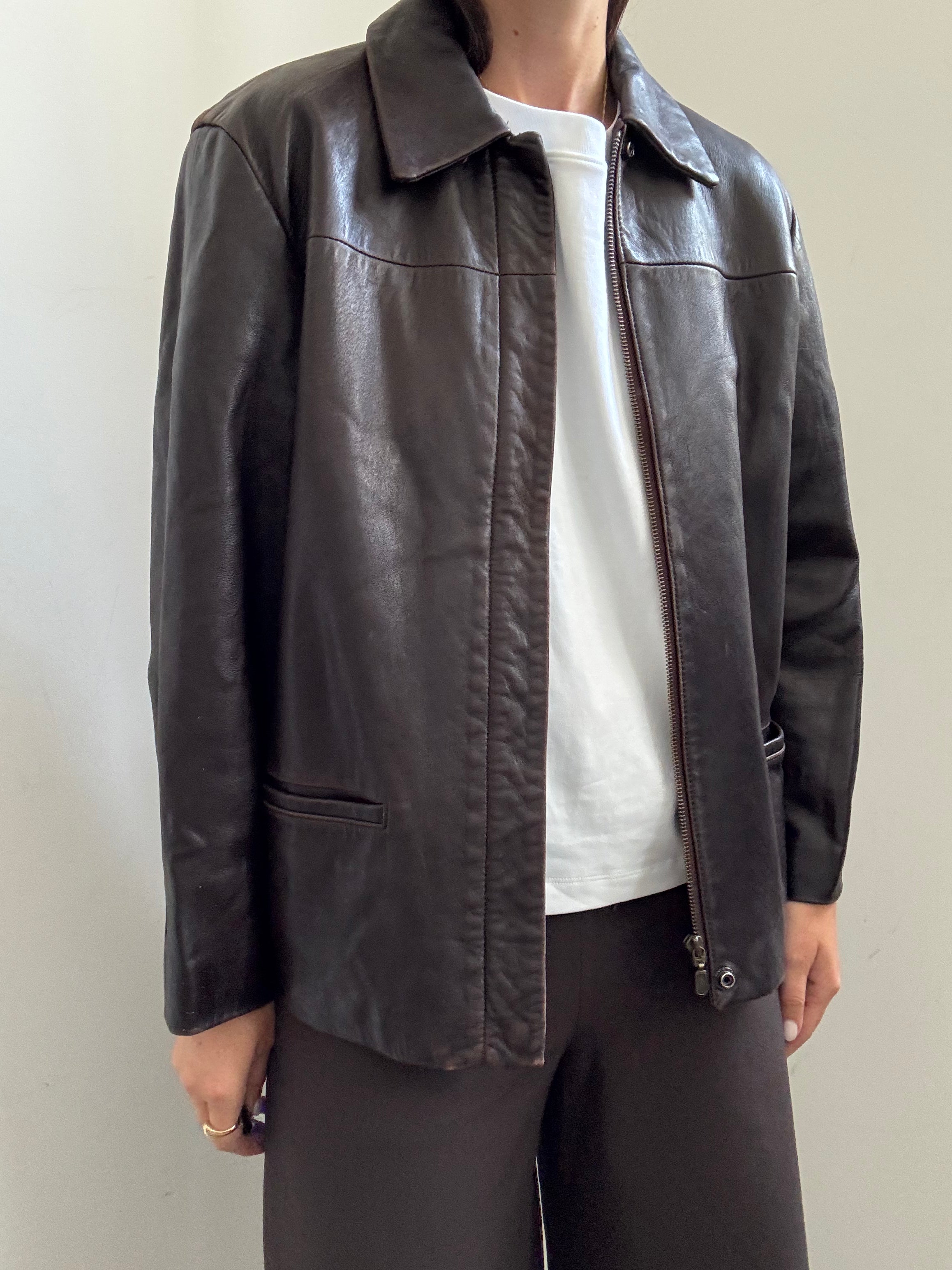Vintage Brooks Brothers Chocolate Brown Zipped Leather Jacket Size Medium