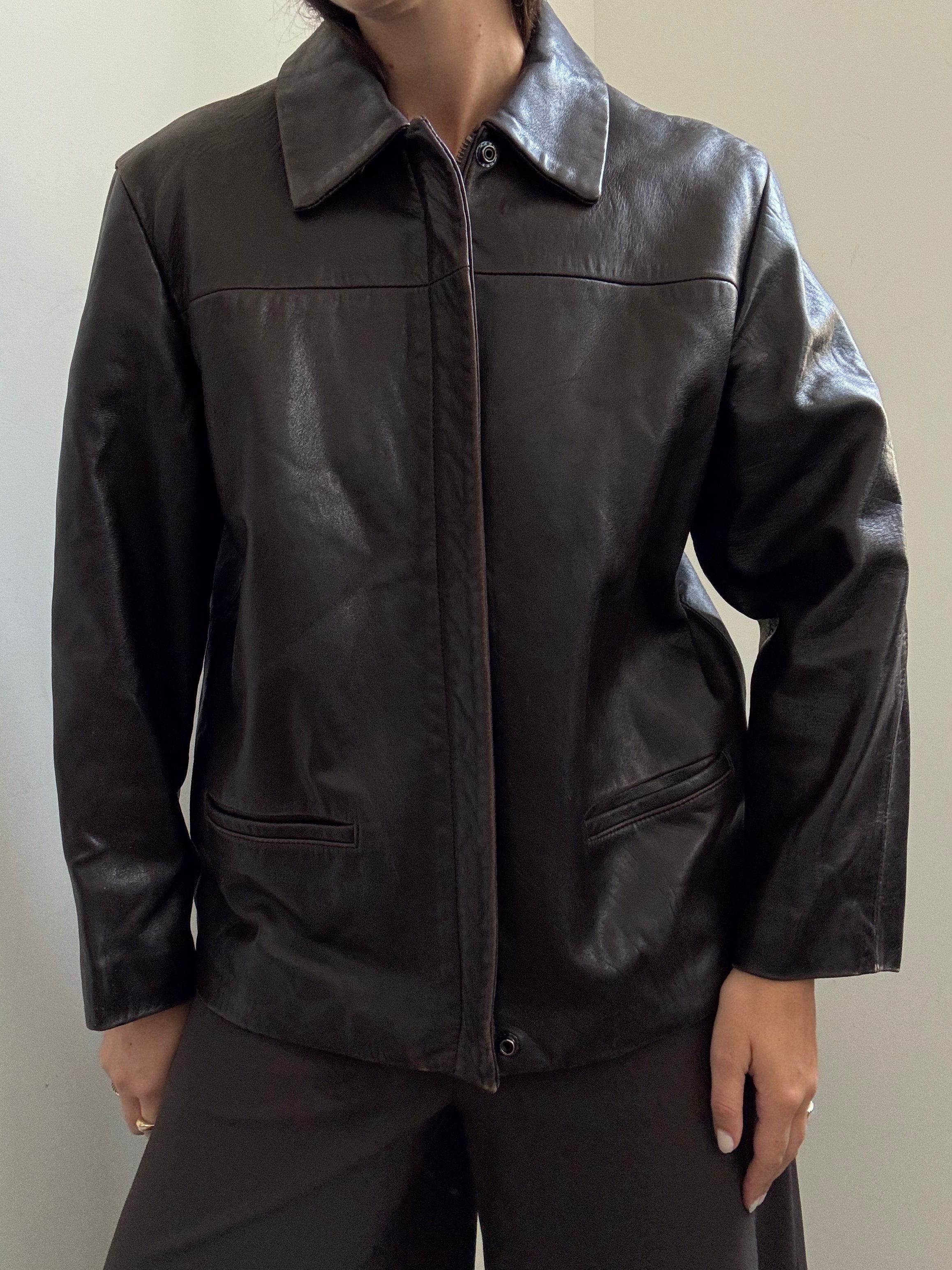 Vintage Brooks Brothers Chocolate Brown Zipped Leather Jacket Size Medium