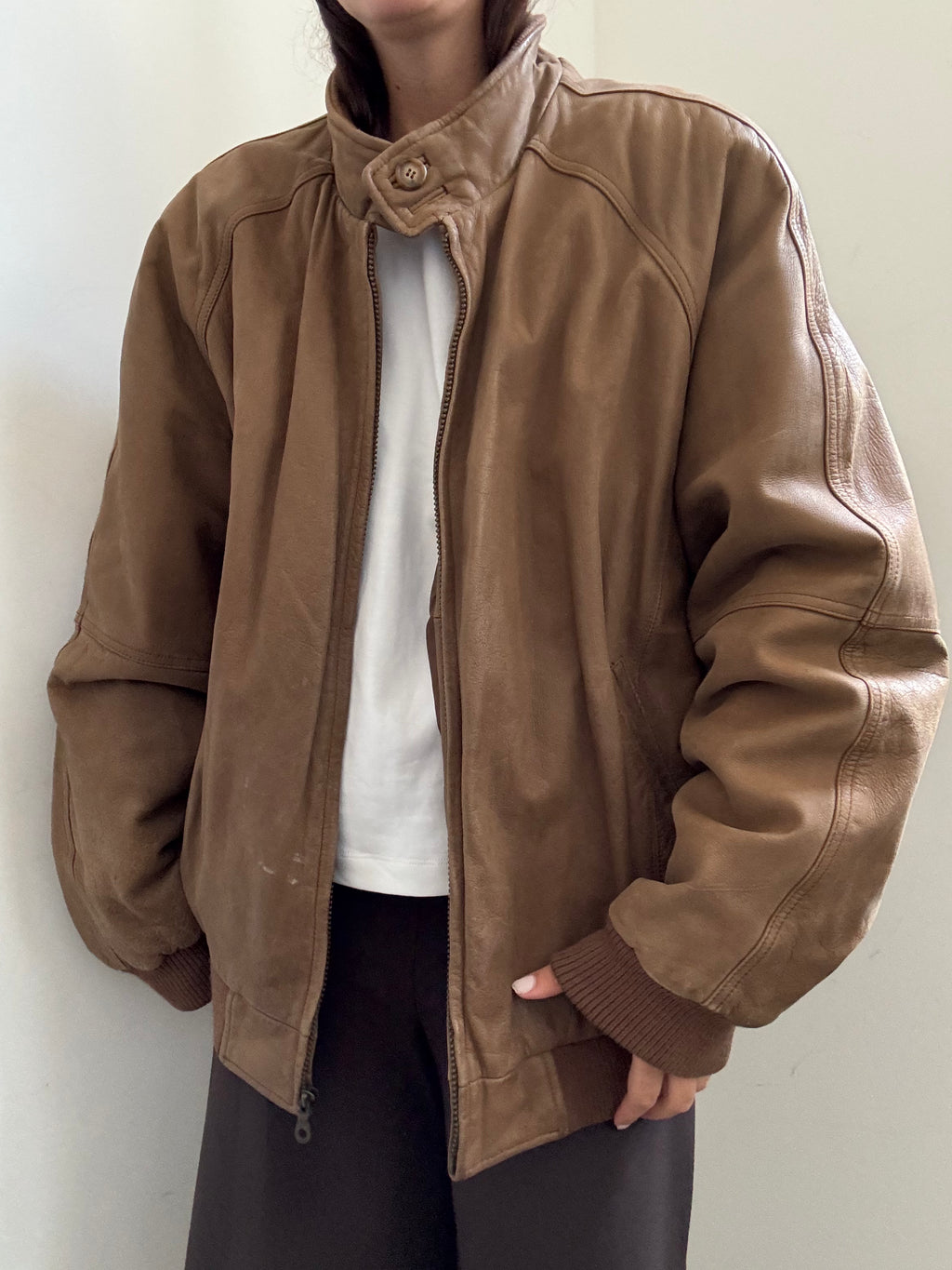 Vintage Tan High Neck Zipped Leather Bomber Size XL