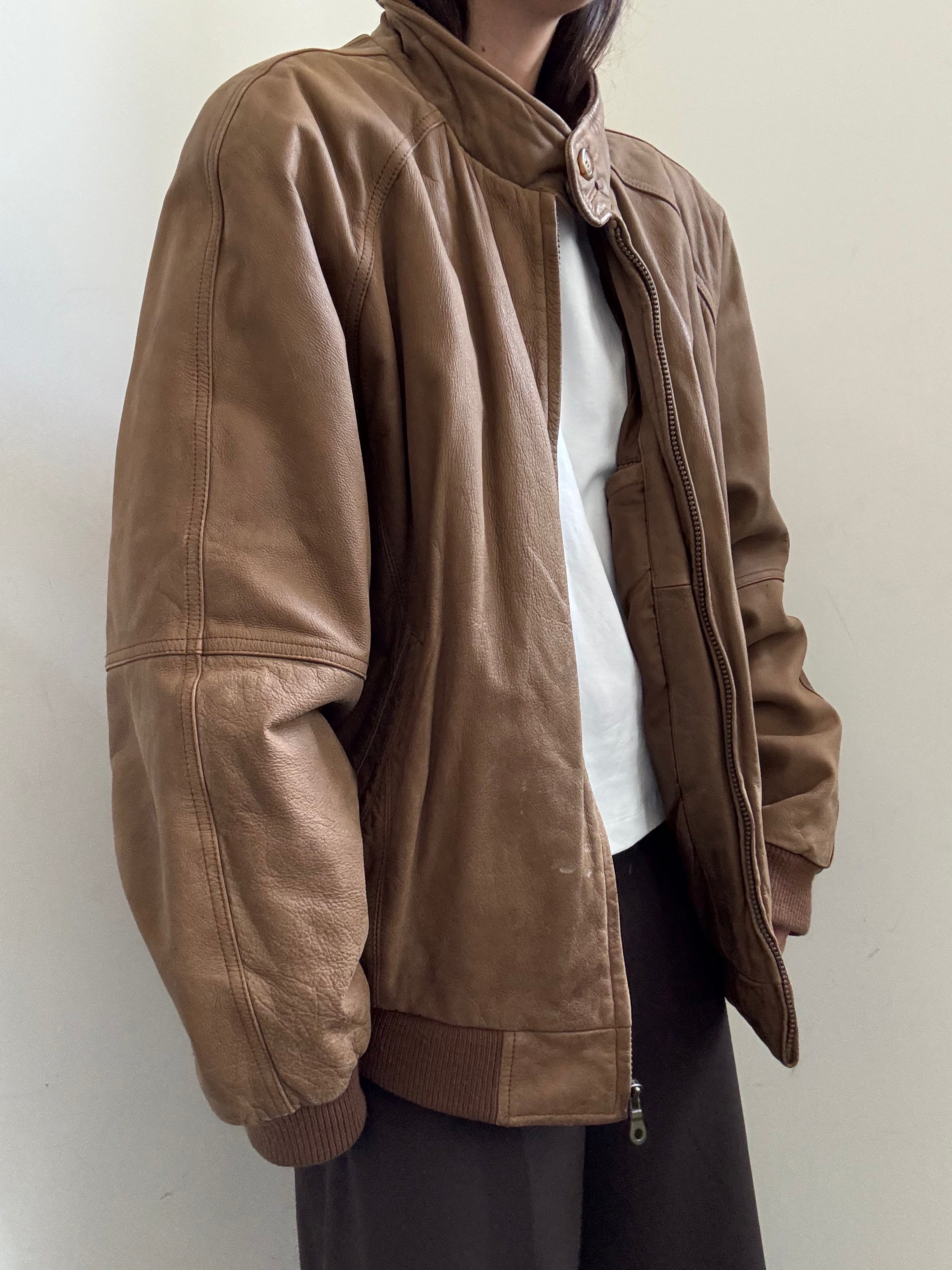 Vintage Tan High Neck Zipped Leather Bomber Size XL
