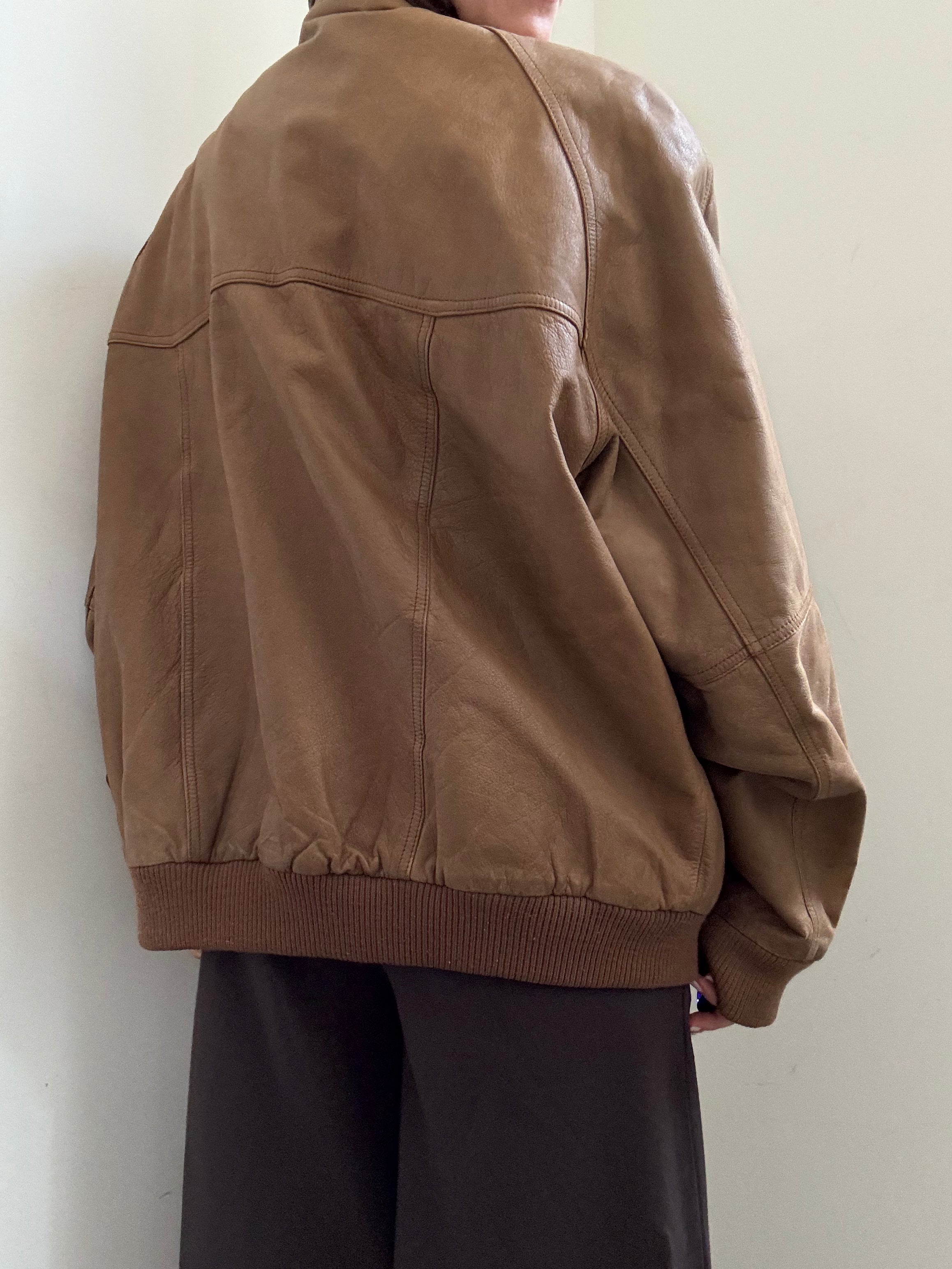 Vintage Tan High Neck Zipped Leather Bomber Size XL