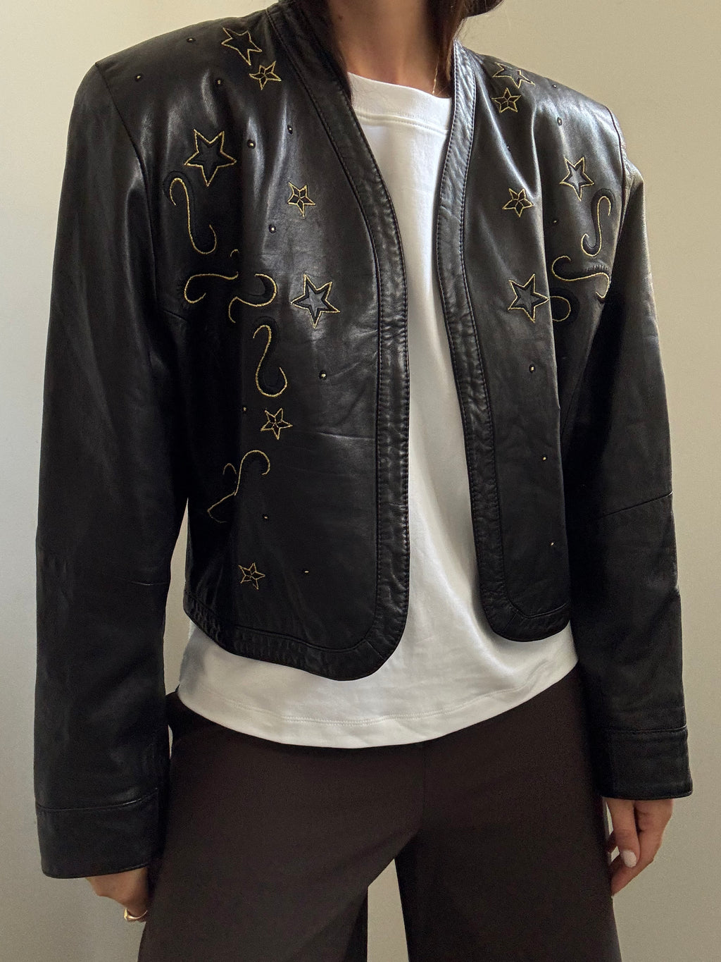 Vintage Black Western Embroidered Leather Jacket Size Medium
